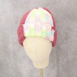 Pink‎ Multi Color Chunky Y2K Vintage Crochet Beanie Cap Hat OS